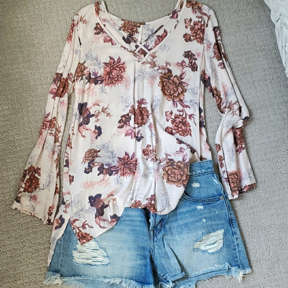Free People tunic with floral pattern, shades of taupe, XS
